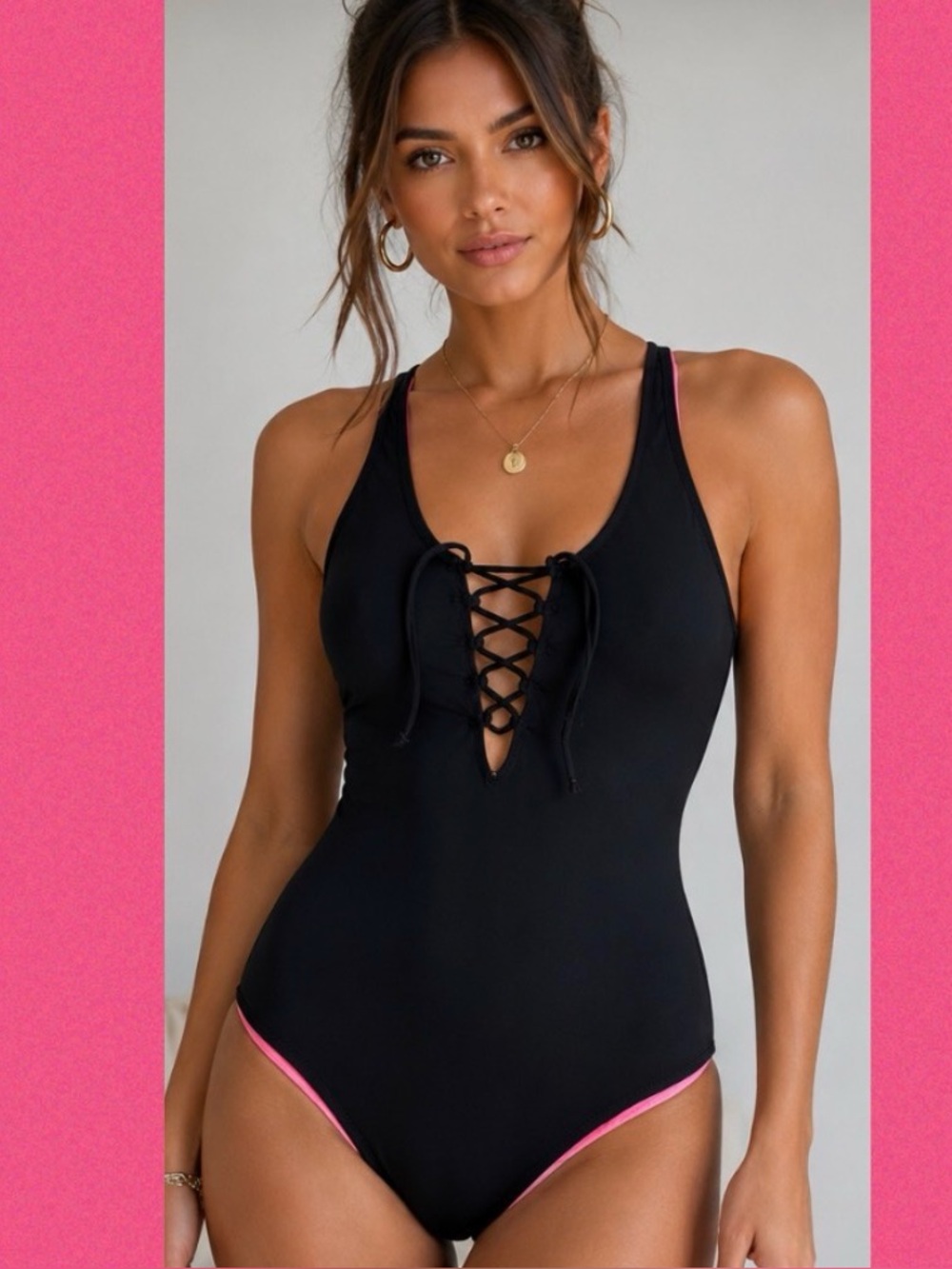 Victoria’s Secret PINK One Piece Swimsuit Black Lace Up Pink Lining Size Large